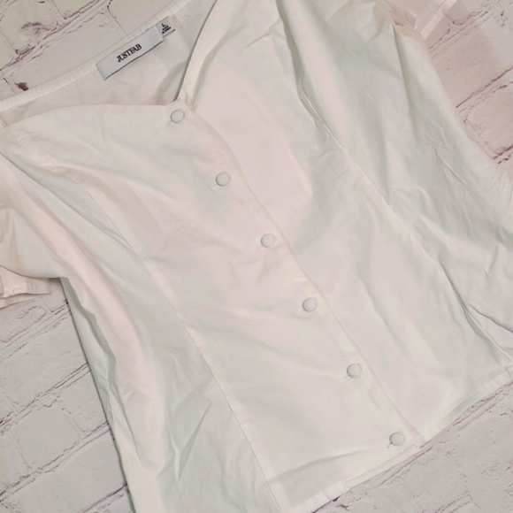 🆕️NWT JustFab White Babydoll Button Front Plunge Top Tee Shirt Womens Size L - Picture 7 of 17